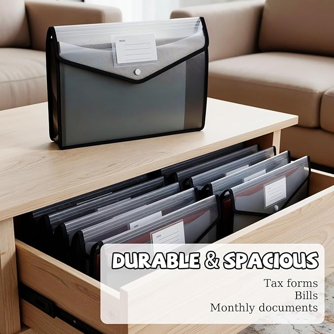 10 Pack Plastic File Folders, Transparent Expanding File Folder with Snap Closure A4 Size Waterproof Document Folder Large Files Folders Organizer for Receipt Office Supplies(Black, Horizontal)