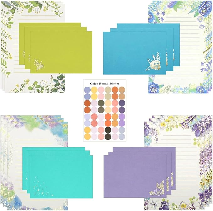 37 Pcs Stationery Paper Envelopes Set Includes 24 Lined Writing Paper & 12 Envelopes with 48 Round Stickers, Inlaid Flower Theme Pattern Letter Writing Paper Envelopes (4Style)