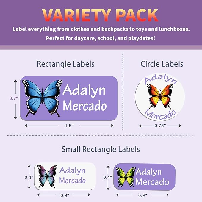 Custom Personalized Name Labels for Kids-(200-1000Labels) Waterproof Name Stickers Tags for School&Daycare,Clothing Tags,Washable&Durable Labels for Lunch Boxes, Bottles,Toys&GEA (Butterfly)