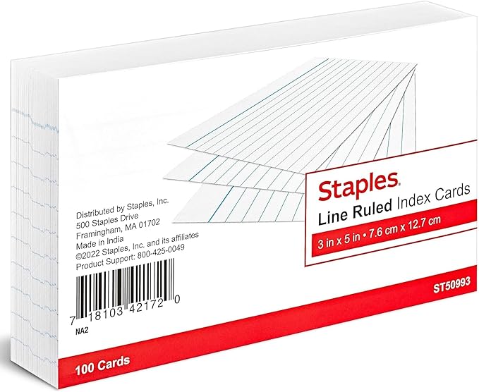 Staples Index Cards, 3" x 5", Lined, White – Classic Ruled Cards for Flashcards, Notes & Studying