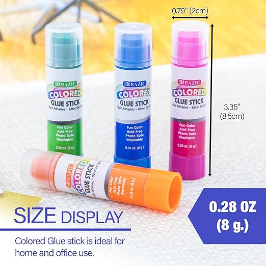 BAZIC Products Washable Colored Glue Stick 8g/0.28 Oz, All Purpose Acid Glue Sticks for Kids Photos Paper Kids at School Home Office (4/Pack), 24-Pack