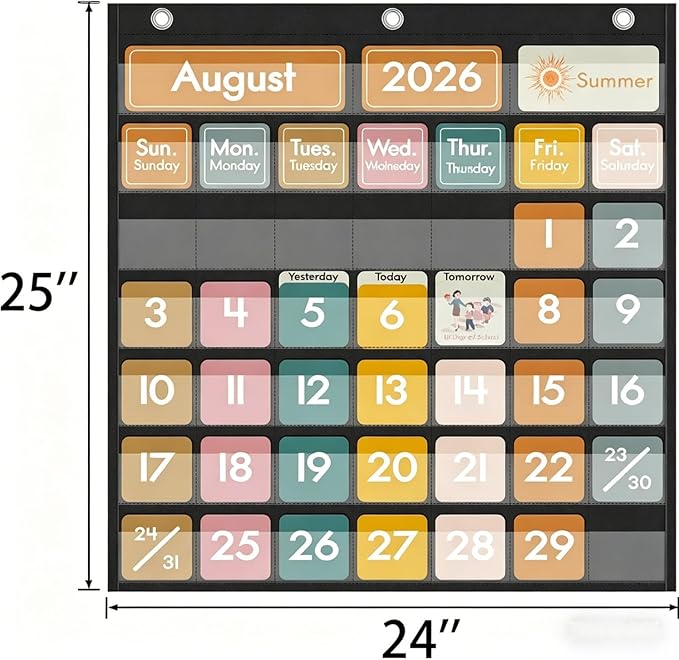 45 Pockets Classroom Calendar for Kids Learning, Pocket Chart Calendar Decor with Special Educational Cards, Teacher and Classroom Must Have Supplies, Boho