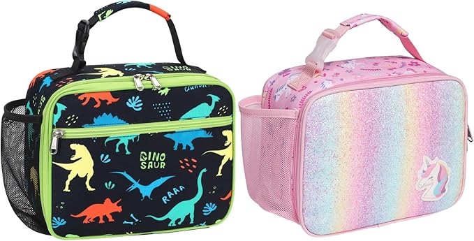 Bagseri 2 Packs Kids Lunch Bag for Boys Girls - Insulated Kids Lunch Box for Daycare and School Reusable Meal Tote Bag with Water Bottle Holder, Black Dino & Pink Unicorn