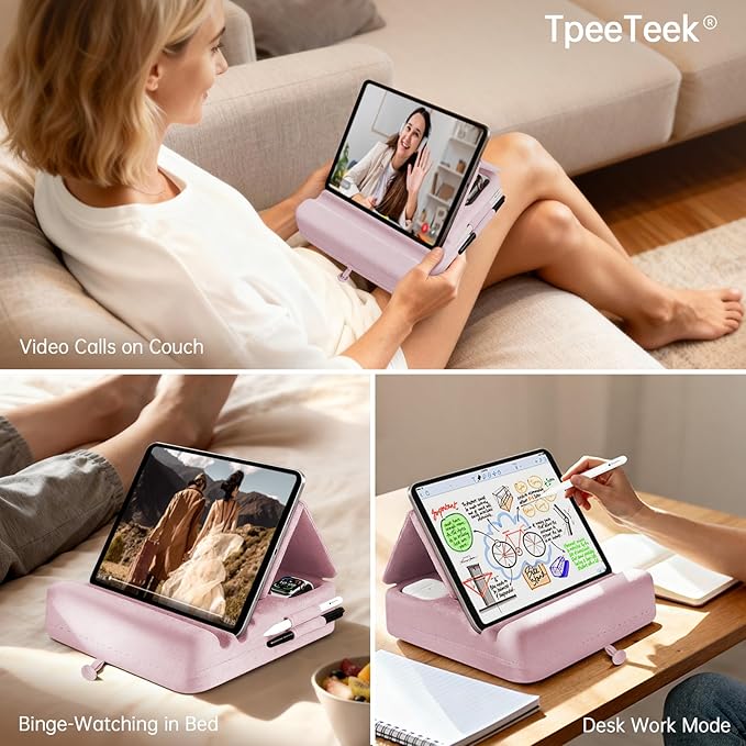 Tablet Pillow Stand with Storage, Foldable iPad Holder for Lep, Bed, Sofa, and Desk - Soft Pad Dock with Pocket and Stylus Mount Compatible with 4-13" iPad Pro/Air/Mini, Galaxy Tab, Kindle (Purple)