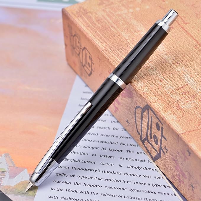 Jinhao 20 Press Fountain Pen, Piano Black Retractable Fine Nib with Ink Converter Set (Silver Clip)