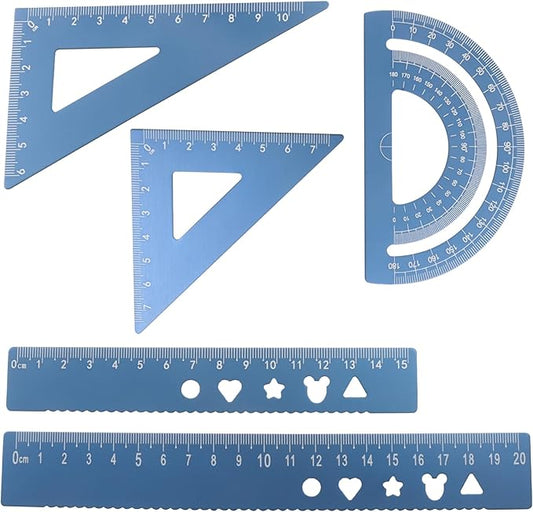 5-Piece Metal Geometry Set, Aluminum Ruler Drafting Kit Protractor & Triangular Rulers Precision for Engineers, Students, Math Measurement Tools(Blue)