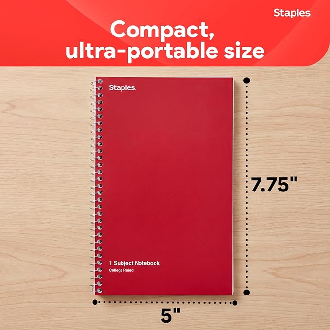 STAPLES 1‑Subject Spiral Notebook, College Ruled, 80 Sheets, Assorted Colors, 3‑Pack