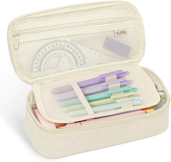 SUNEE Cute Pencil Case, Large Capacity Pencil Pouch, Big Storage Organizer for Stationery, Zipper Pen Bag, Back to School Supplies, Office Water-Repellent Nylon Pencil Bag for Teen Girls Boys, Cream