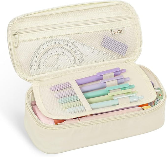 SUNEE Cute Pencil Case, Large Capacity Pencil Pouch, Big Storage Organizer for Stationery, Zipper Pen Bag, Back to School Supplies, Office Water-Repellent Nylon Pencil Bag for Teen Girls Boys, Cream