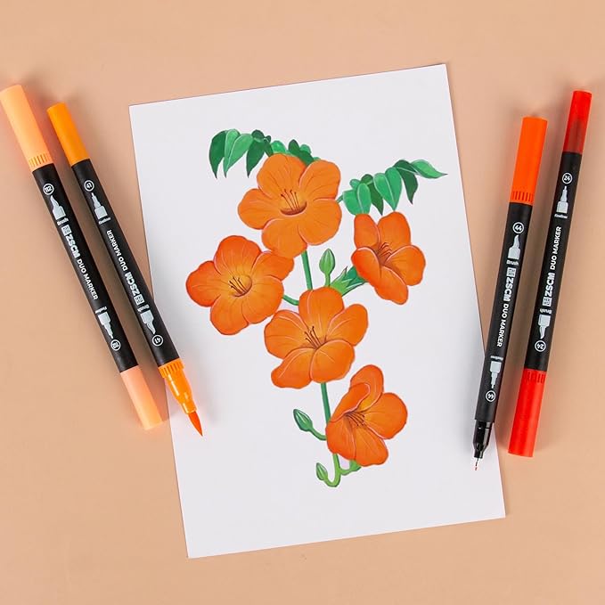 ZSCM Orange Duo Tip Marker Pens, 12 Pack Fine & Brush Markers for Adult Coloring Books No Bleeding, Sunset Orange Markers for Autumn Scenes, Citrus Fruits, Vibrant Fills and Energetic Artworks