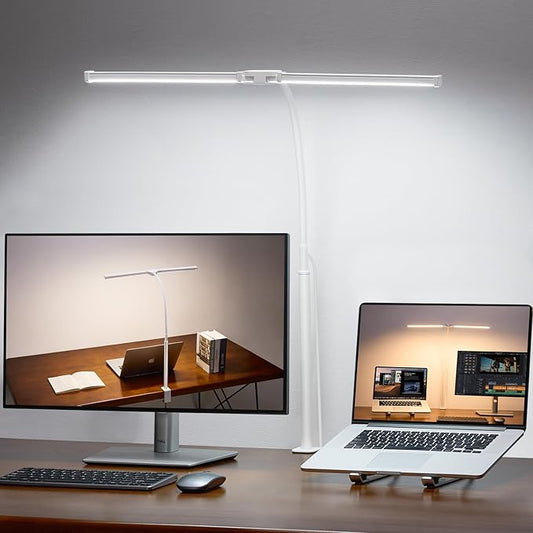 Voncerus LED Desk Lamp for Home Office, Double Head Architect Light with Clamp, Computer Monitor Clip on Light, 3 Modes and 10 Brightness, Adjustable Flexible Goose-Neck, Table Task Lamp, White
