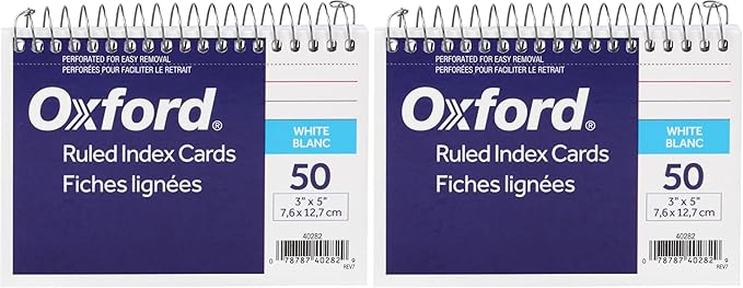 Oxford Spiral Ruled Index Cards, 3 x 5 Inches, White, 50 per Pack (40282) (Pack of 2)