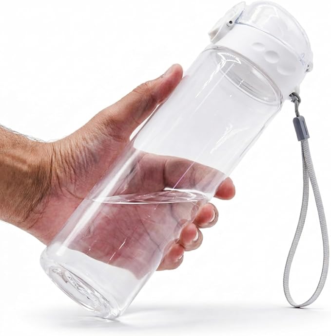 Clear Plastic Water Bottle | No Markings 24oz Chug Lid Sports Water Bottle | Leak Proof Re-Usable Flip Top Plastic Drinks Bottles for School, Exams, Office, Gym, Cycling (Clear-24oz)