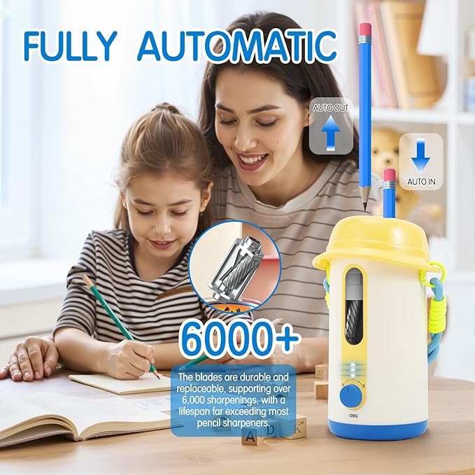 Electric Pencil Sharpener, Low Noise Fully Automatic Pencil Sharpener for Classroom,6.9-10.8mm Colored/Jumbo Pencils, Auto in & Out,Rechargeable Hands-Free Sharpener for Home/Office,Yellow