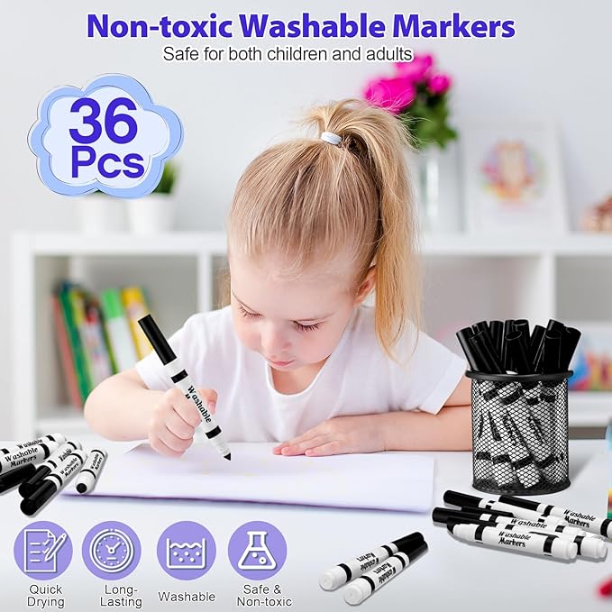 36 Pcs Black Washable Markers Bulk Coloring Broad Line Markers for Kids Black Conical Tip Drawing Pen for School, Travel Art Baby Shower Gender Reveal Christmas Party Supplies, Ages 6+