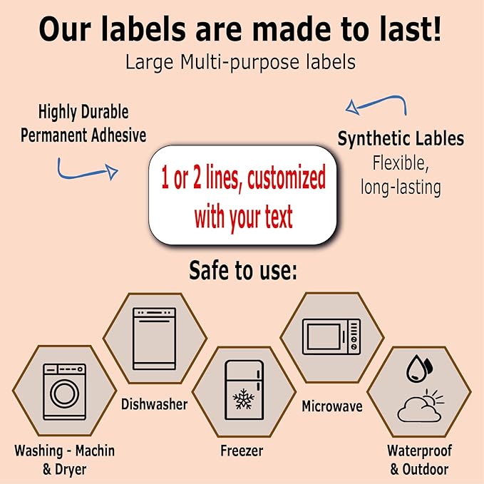 24 Large Personalized Waterproof Name Labels. Press and Stick Multi use Custom Name Labels. Customized 2 Lines of Text and Color. ID Identification Name Stickers with Permanent Self Adhesive.