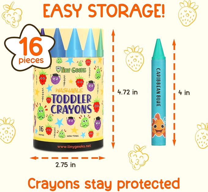 TinyGeeks Jumbo Crayons (16 Colors) – Non-Toxic, Washable, Easy-to-Hold Art Supplies for Toddlers and Kids – Perfect for Travel, Learning, and Creative Play