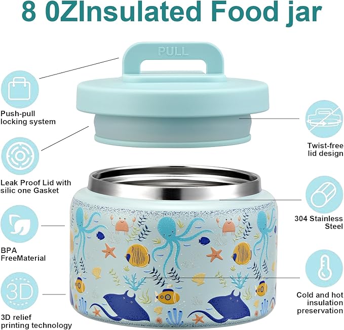 JXXM 8 Oz Thermo Food Jar for Hot & Cold Food for Kids, Insulated Lunch Containers Hot Food Jar,Leak-Proof Vacuum Stainless Steel Wide Mouth Lunch Soup Thermo for School (Blue-Octopus)