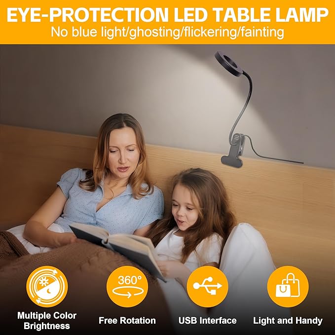 Foneso Desk Lamp Clip on Light, 48 LEDs USB Lamp with 3 Color Modes 10 Brightness Levels, 360° Flexible Gooseneck Eye Protection Bed Night Light for Reading, Makeup, Office, Pack of 2