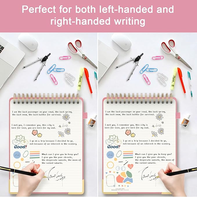 A4 Top Spiral Notebook, Large Leather Hardcover Top Bound Steno Pads, 240 Pages 100 gsm Thick Lined Paper Left Handed Notebook Journal for Work, School, Meeting Writing - Pink, 8.5" x 11"