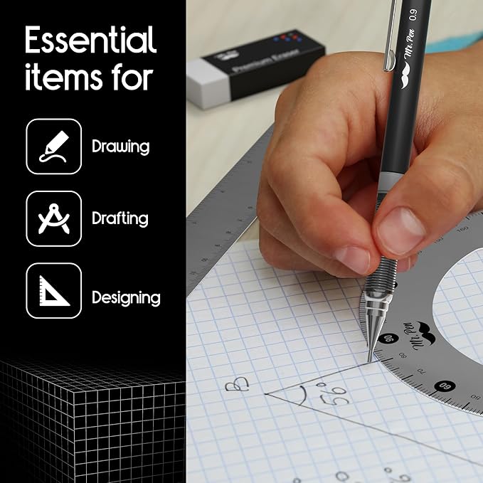 Mr. Pen- Professional Geometry Set, 17 pcs, Metal Compass, Mechanical Pencils, Rulers, Protractor & Set Squares, Lead Refills, Extra Screws & Needles, Drafting Kit for Math, Engineering & Architecture