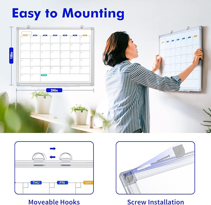 Dry Erase Calendar Whiteboard for Wall, 24" x 18" Magnetic Monthly White Board Calendar Dry Erase, Wall Hanging Aluminum Frame with Tray for Home, School, Office
