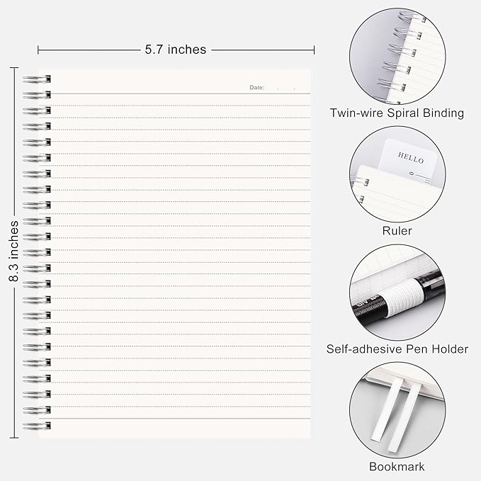RETTACY Spiral College Ruled Notebook, 3-Pack, 160 Pages per Pack, A5 Medium Size (5.7" x 8.3"), for School, Work, Writing, Journaling, 100 GSM Thick Paper, Flexible Plastic Cover