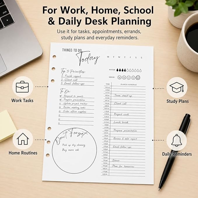 A5 Daily Planner Inserts, 6-Ring Undated Planner Refill Pages with To Do List, Hourly Schedule & Reminders, 100 Double-Sided Sheets, 100gsm White Paper, 5.8 x 8.3 in