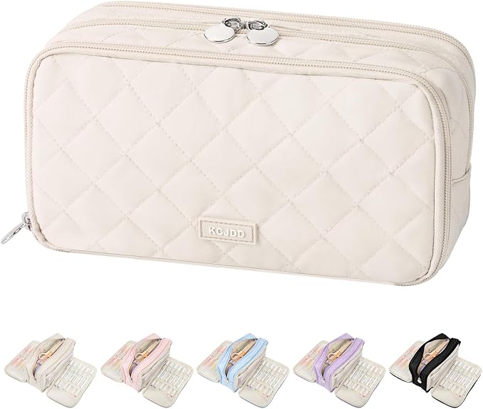 Cute Pencil Case for Girls kids Soft Quilted Pencil Pouch Bag Organizer | With 3 Compartments,Big Capacity Marker Crayon Storage Bag Large Double Zipper Art Bag For Kids School College Boys Women
