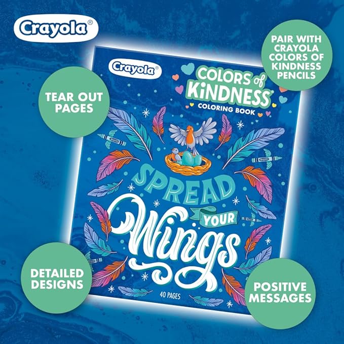 Crayola Colors of Kindness Adult Coloring Book (40pgs), Adult Coloring Pages, Stress Relief Activity, Gift for Teens & Adults, 9+