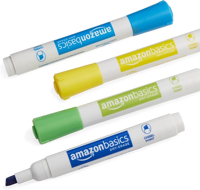Amazon Basics Lowe-Odor Dry Erase Whiteboard Markers, Chisel Tip, Quick-Dry, Black, 12-Pack