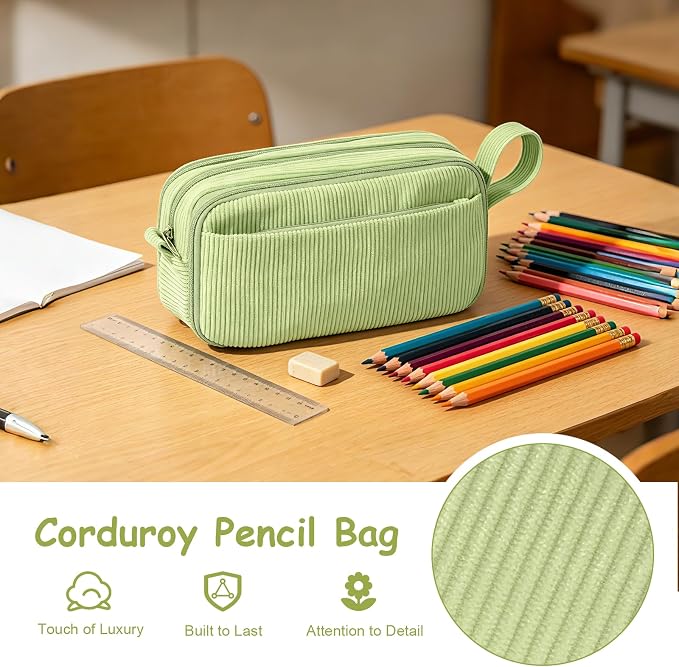 BuyCard Sage green Large Capacity Corduroy Pencil Case, Zipper Pouch, Casual Style, Supplies Organizer for Teen Girls, Boys, Women and Men