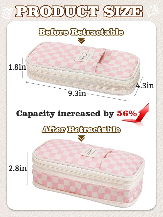 Bigmeta Gingham Expandable Pencil Case for Teens Girls - Pink | Zipper Gusset for Adjustable Capacity, Checkered Cute Pencil Pouch, Stationery Bag Box for Student Back to School Gifts