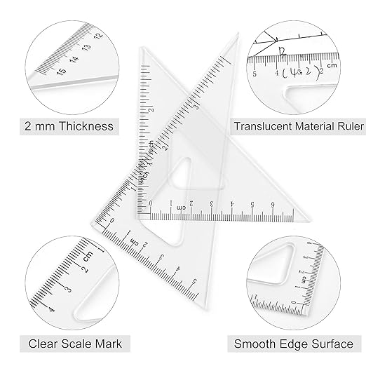 Coopay 6 Inch Math Geometry Tool Plastic Ruler Square Set Includes Straight Ruler, Triangles, Protractor for Student School Office Supplies (Clear)