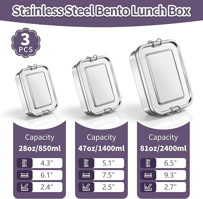 TeamFar Stainless Steel Bento Box, 3 Pack (28 & 47 & 81oz) Metal Lunch Box with 3 Compartments for Adults/Kids, Lunch Food Containers for School/Work/Meal Prep, Leak-Proof, 850ML+1400ML+2400ML