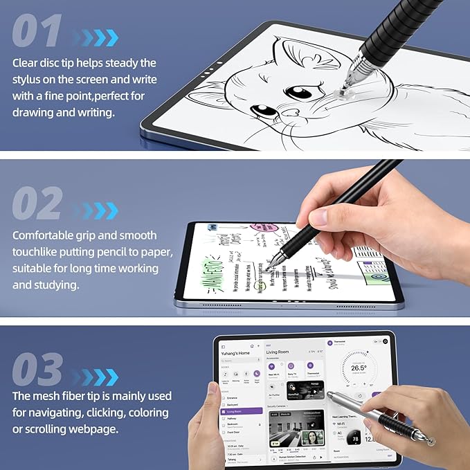 4-Pack Capacitive Stylus Pens for Touch Screens, 2-in-1 High Sensitivity Fine Point Disc & Fiber Tip Stylus with Portable Clip, Universal for iPad, iPhone, Android, Tablet & Drawing Stylist