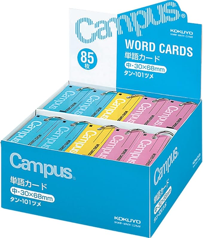 Kokuyo Campus Flash Cards with Binder Rings, Word Cards, Anki Cards, Mini Notecards, Medium Size 0.12''x 2.68'', 30 Packs in Blue, Pink and Yellow, Japan Import (TAN-101TSUME)