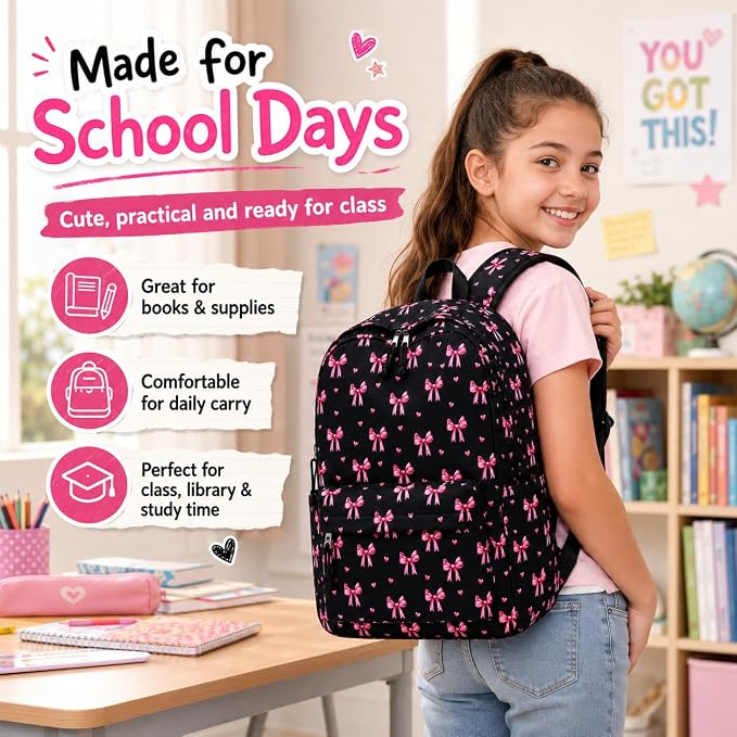 LOIDOU Backpack for Girls School Backpacks Bookbags for Elementary Middle School Women Laptop Backpacks (Bow Tie Black, L-17)