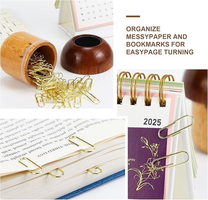 MultiBey Magnetic Mushroom Paper Clip Holder –Wooden Paperclip Holders for Desk with 100pcs 1.1in Gold Paperclips, Cute Paper Clip Dispenser for School,Home,Office