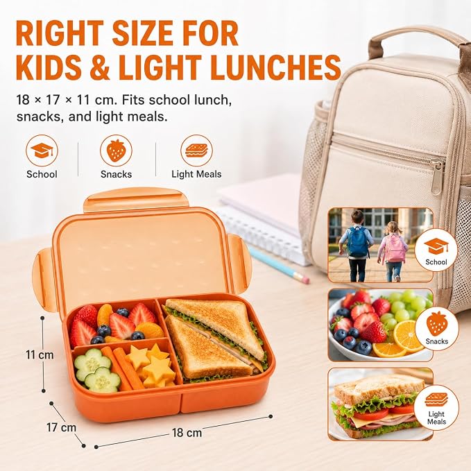 MISS BIG® Bento Lunch Box for Kids, 1150ml, 3 Compartments, Coral Orange | Coral orange 1150ml kids bento box for school lunch, daycare meals, snacks, picnic, and travel.