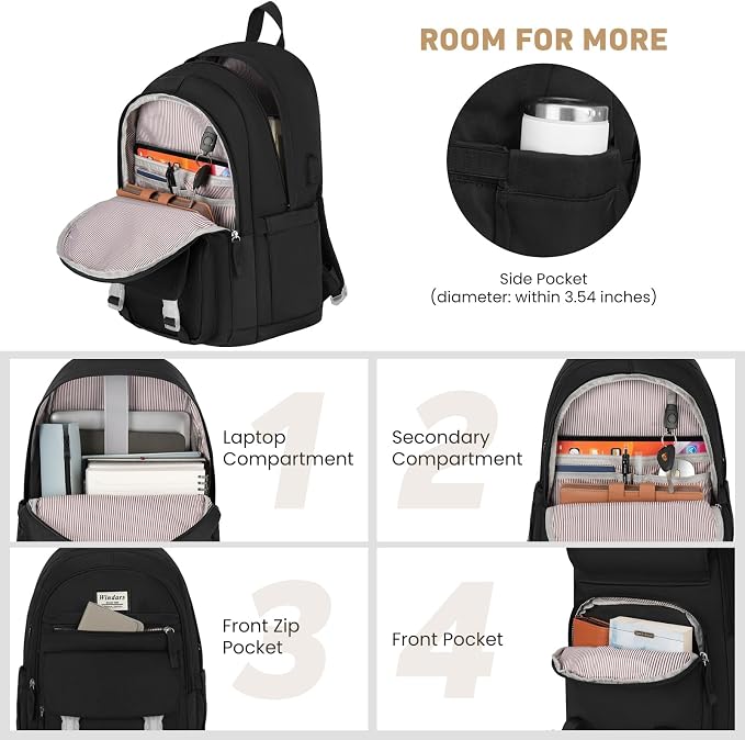 WINDARS School Backpack with Lunch Box for Teen Girls, Cute College Backpacks for Women Students Aesthetic Bookbag Large 15.6 Inch Laptop Bag Middle School Travel Back Pack (Black-3 Pcs)