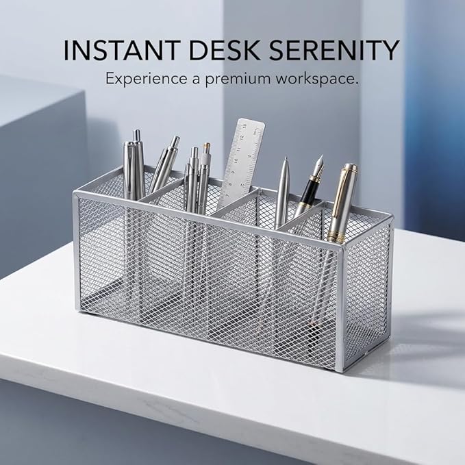 Metal Pen Holder, Pencil Holder 4 Compartments, Mesh Pen Storage Pencil Organizer Cup Makeup Brush Holder for Office Desk Accessories, Silver