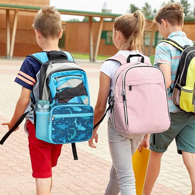Bagseri Kids Lunch Bag Boys - Thermal Insulated Lunch Box Tote with Water Bottle Holder, Reusable Leak-Proof Kids Lunch Box for Daycare & School, Blue Shark (Containers Not Included)
