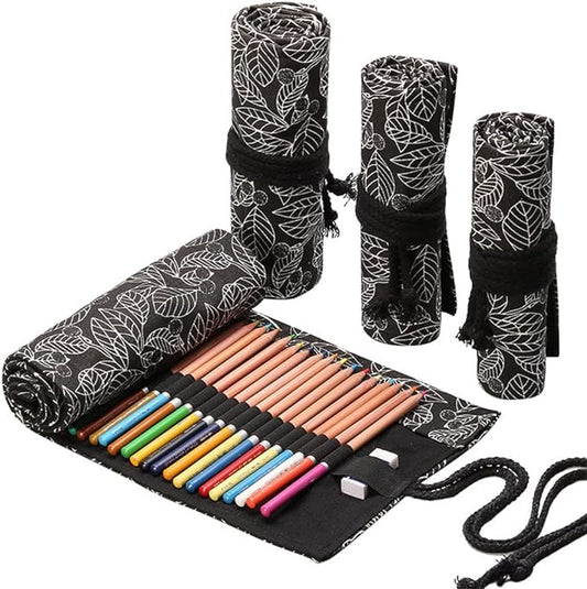 DIYOMR 24/36/72 Slots Pencil Wrap Pencil Rolls, Artist Colored Pencils Roll Up Bag Short Brushes Pouch Case Pencils Organizer for Drawing Coloring and Sketching (Black Leaves, 24slots)