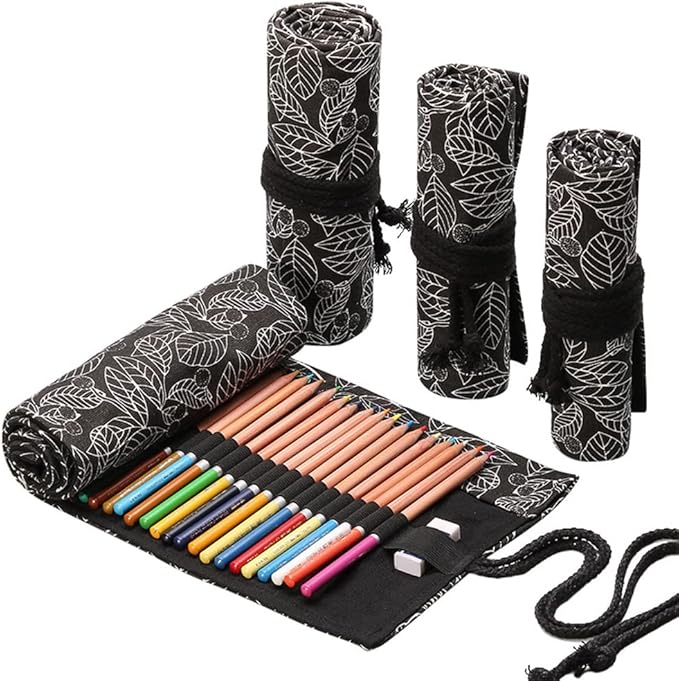 DIYOMR 24/36/72 Slots Pencil Wrap Pencil Rolls, Artist Colored Pencils Roll Up Bag Short Brushes Pouch Case Pencils Organizer for Drawing Coloring and Sketching (Black Leaves, 72slots)