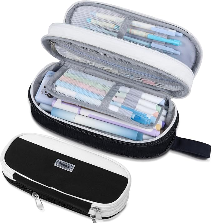 Sooez Large Pencil Case, Expandable Pencil Bag Pouch, Pen Bag with Zipper | Ample Storage, Durable Canvas, Smooth Zippers, Portable Handle, Cute Stationery Organizer, Makeup Bag, School Supplies, Girls
