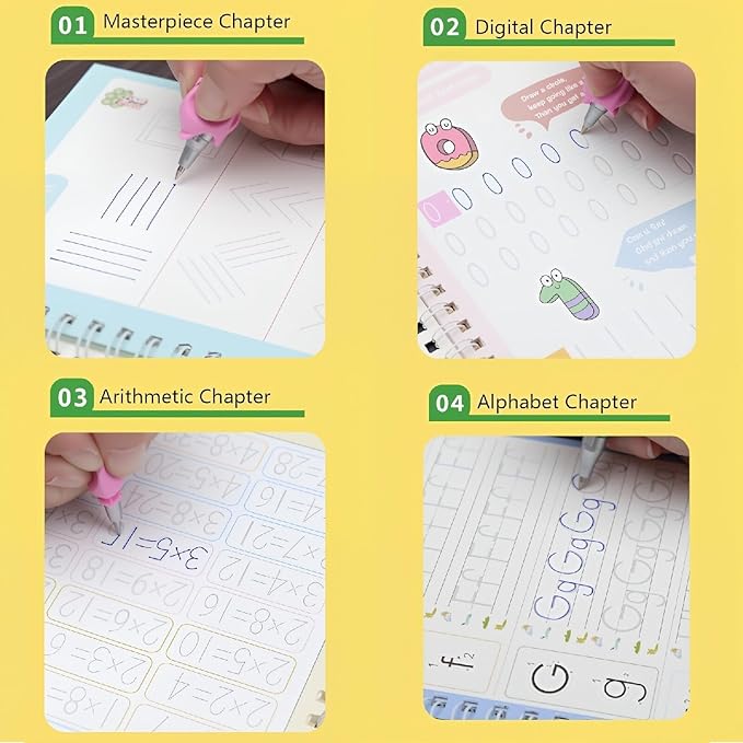 Magic Grooved Writing Practice Books for Kids 3-8, Reusable Handwriting Practice Copybook Set with Disappearing Ink, 4 Pack Preschool Writing Kit for Alphabet Number Math Drawing