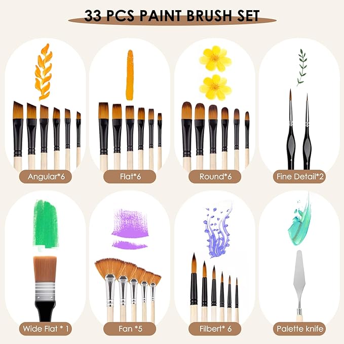 33pcs Paint Brush Set,Paint Brushes for Acrylic Painting, Oil, Watercolor,Professional Paintbrushes with Flat, Filbert, Fan, Palette Knife,ect.Art Supplies for Artists and Beginners