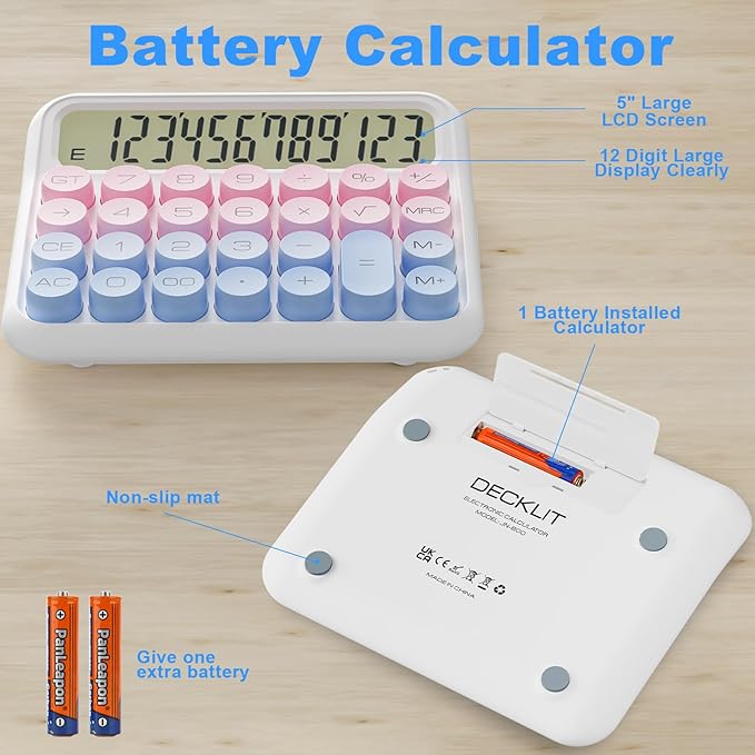 DECKLIT Battery Desk Calculator - 12 Digit Extra Large 5-Inch LCD Display, Big Buttons Easy to Press Office Calculators, 15 Tilt Screen for Kids (Blue & Pink)