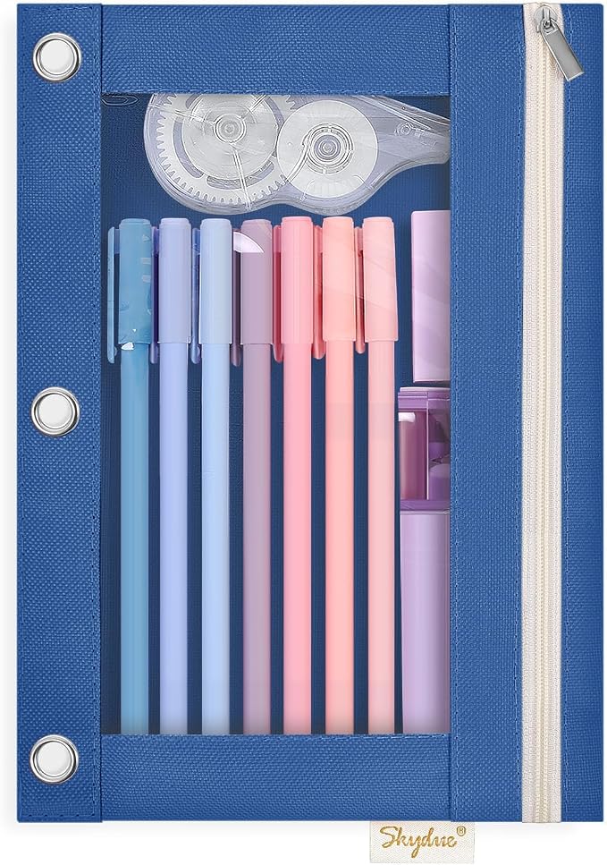 SKYDUE Pencil Pouch for 3 Ring Binder, 9.8" x 7.3" Clear Window Pencil Bag | Zipper Pencil Pouches for Girls Boys, Pencil Pouch with 3 Reinforced Grommets, Durable Organizer for School Supplies